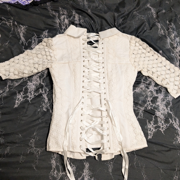 White Lace-Up Ruffled Women's Top - Picture 2 of 6